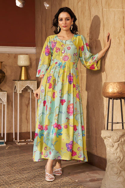 Aqua Cotton, Silk Embroidery, Sequins Round Neck Floral Gathered Midi Dress