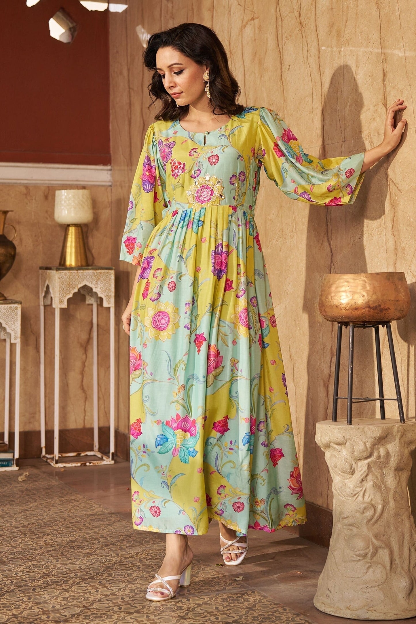 Aqua Cotton, Silk Embroidery, Sequins Round Neck Floral Gathered Midi Dress