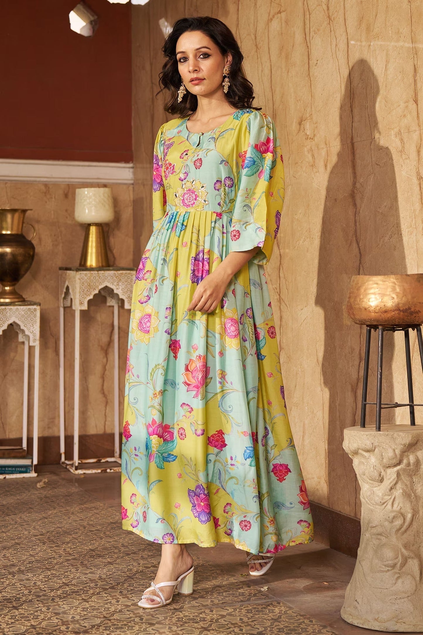 Aqua Cotton, Silk Embroidery, Sequins Round Neck Floral Gathered Midi Dress