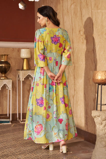 Aqua Cotton, Silk Embroidery, Sequins Round Neck Floral Gathered Midi Dress