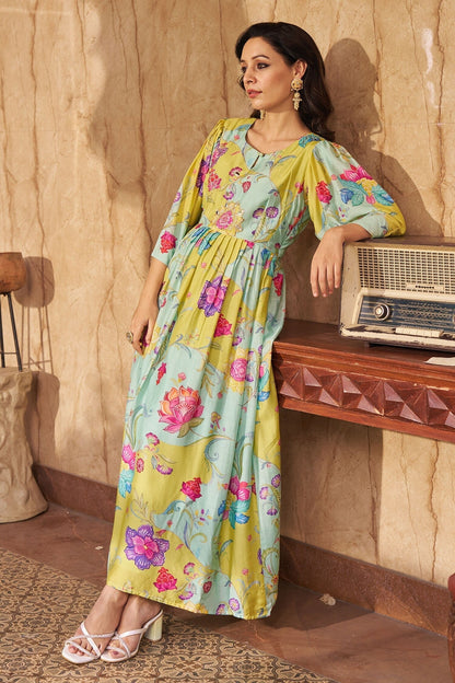 Aqua Cotton, Silk Embroidery, Sequins Round Neck Floral Gathered Midi Dress