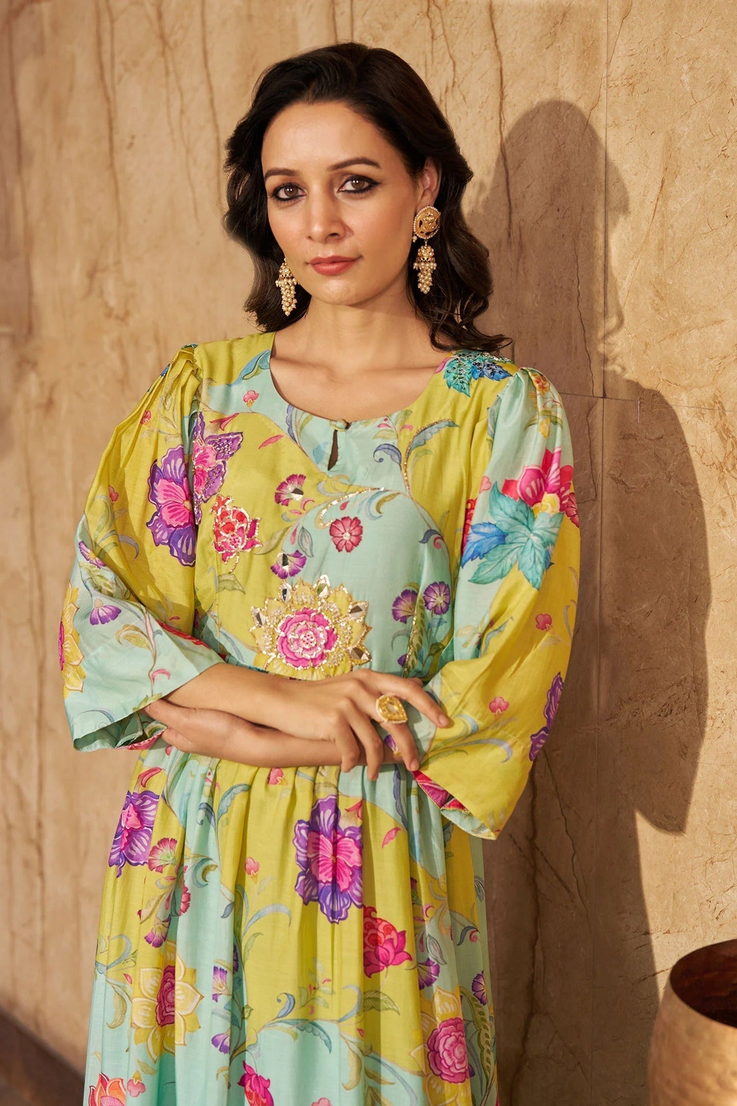 Aqua Cotton, Silk Embroidery, Sequins Round Neck Floral Gathered Midi Dress