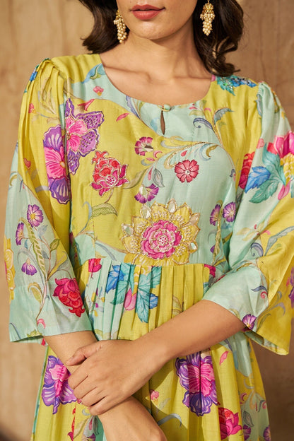 Aqua Cotton, Silk Embroidery, Sequins Round Neck Floral Gathered Midi Dress