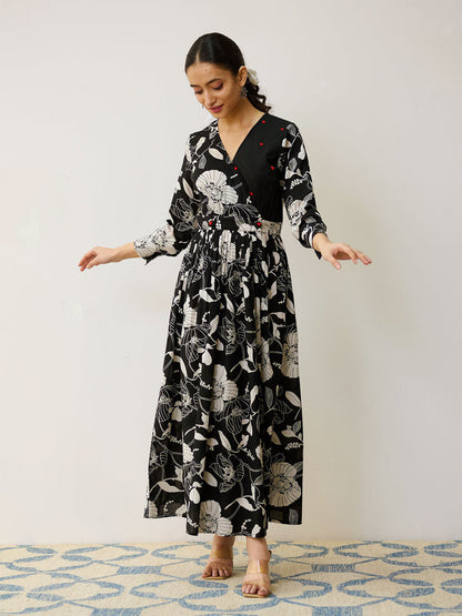 Black Ayesha Cotton Overlap Dress with Hand Embroidery Detail