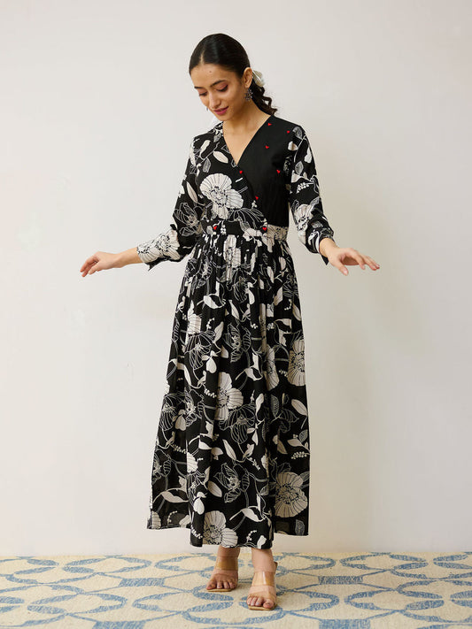 Black Ayesha Cotton Overlap Dress with Hand Embroidery Detail