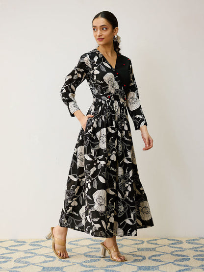 Black Ayesha Cotton Overlap Dress with Hand Embroidery Detail