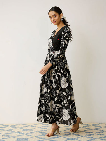 Black Ayesha Cotton Overlap Dress with Hand Embroidery Detail