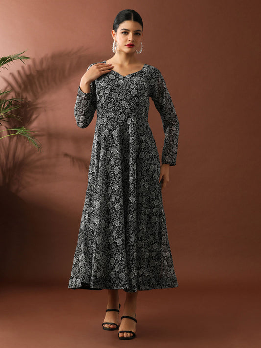 Black Floral Printed A-Line Georgette Ethnic Dress