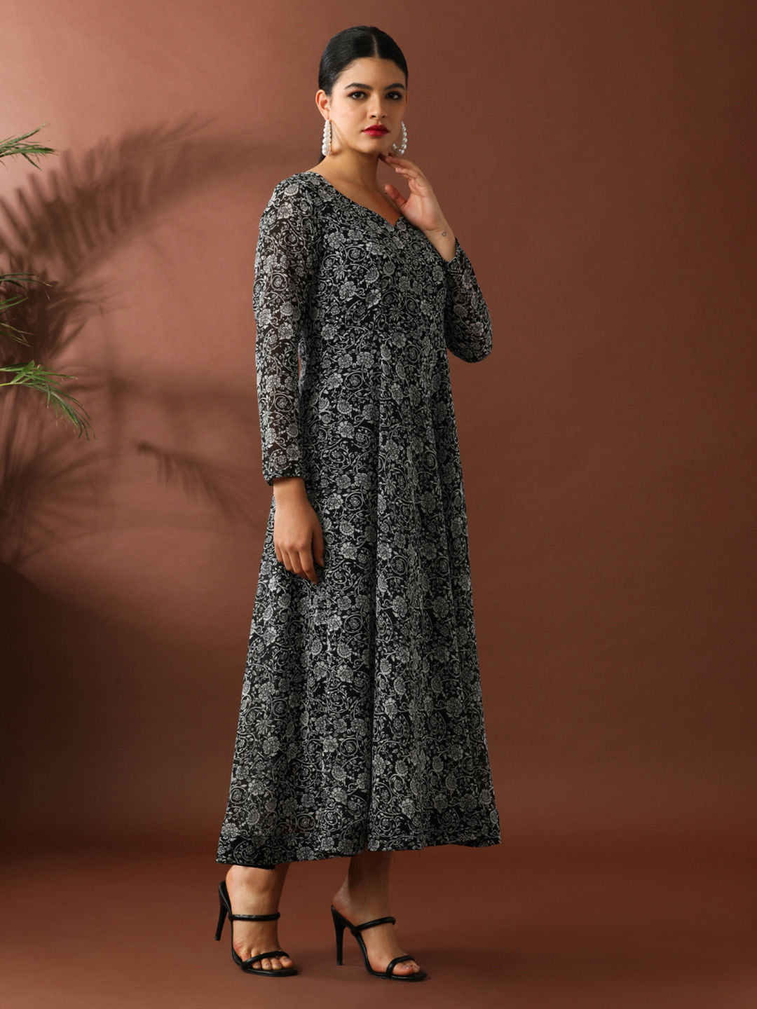 Black Floral Printed A-Line Georgette Ethnic Dress