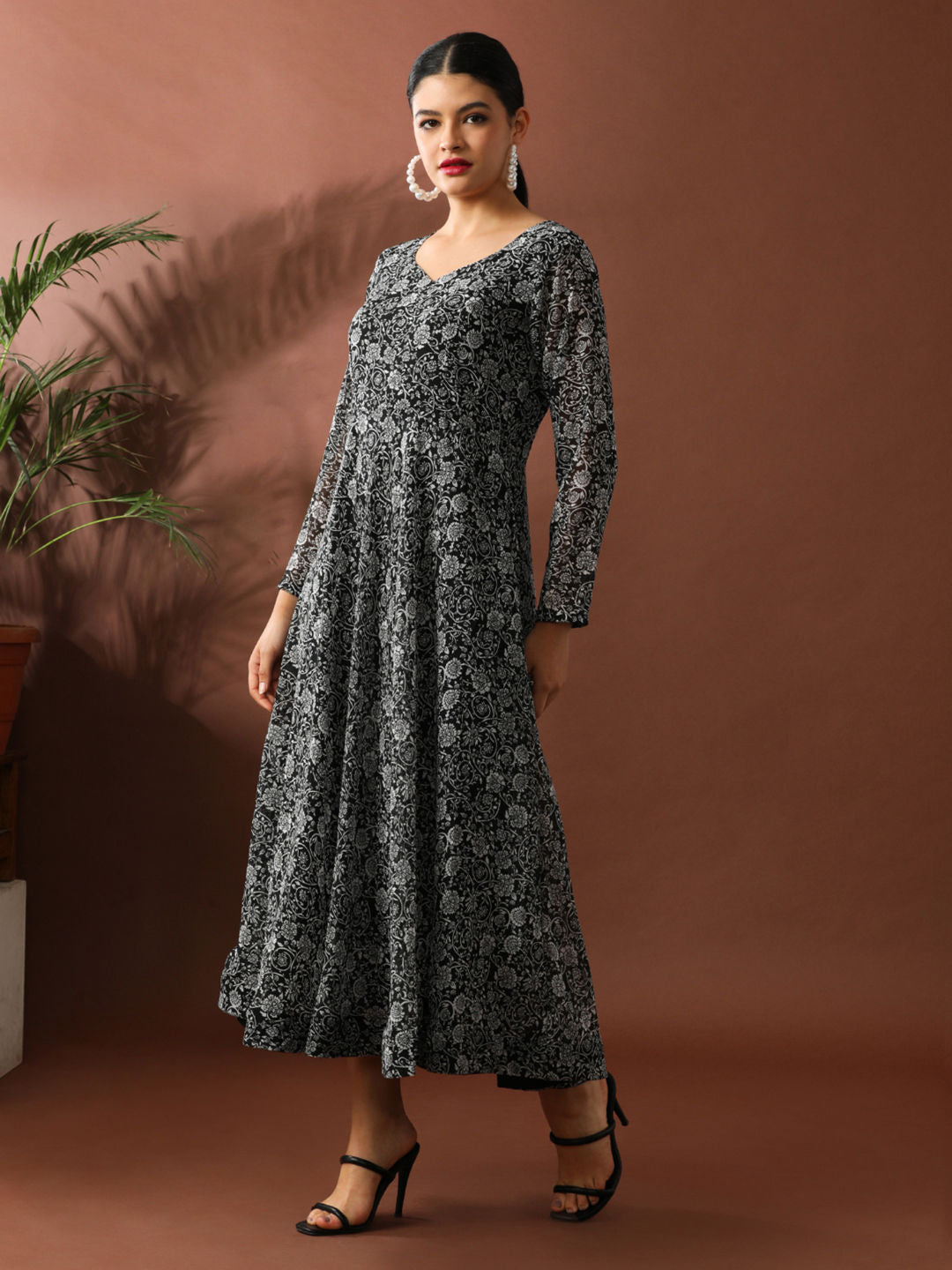 Black Floral Printed A-Line Georgette Ethnic Dress