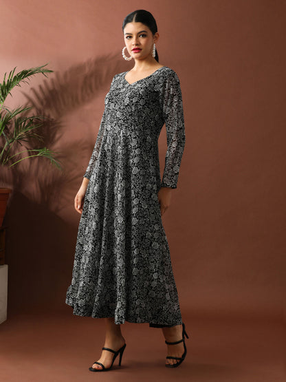 Black Floral Printed A-Line Georgette Ethnic Dress