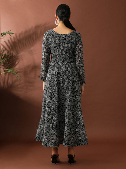 Black Floral Printed A-Line Georgette Ethnic Dress