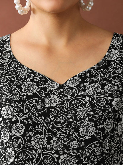 Black Floral Printed A-Line Georgette Ethnic Dress