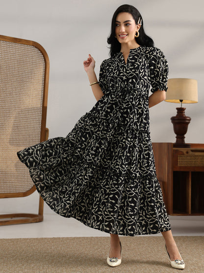 Black Floral Printed Fit and Flared Dress