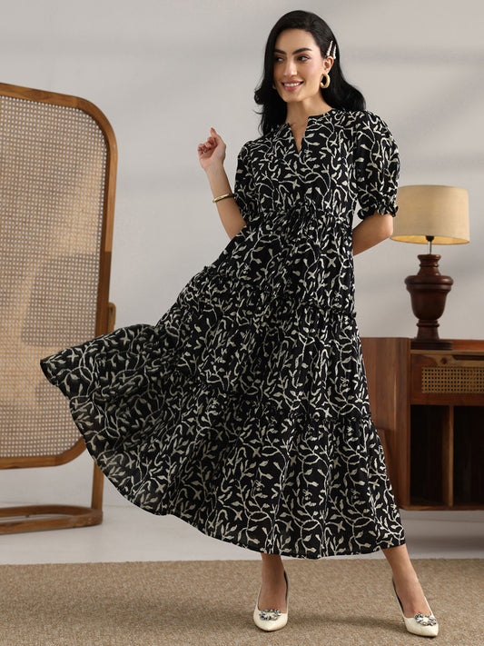 Black Floral Printed Fit and Flared Dress