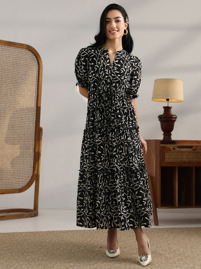 Black Floral Printed Fit and Flared Dress