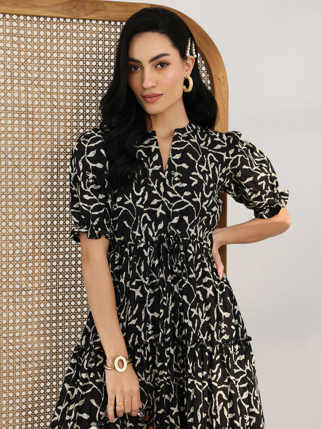 Black Floral Printed Fit and Flared Dress