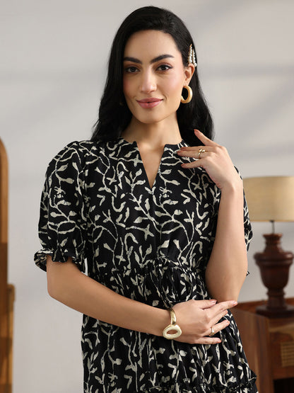 Black Floral Printed Fit and Flared Dress