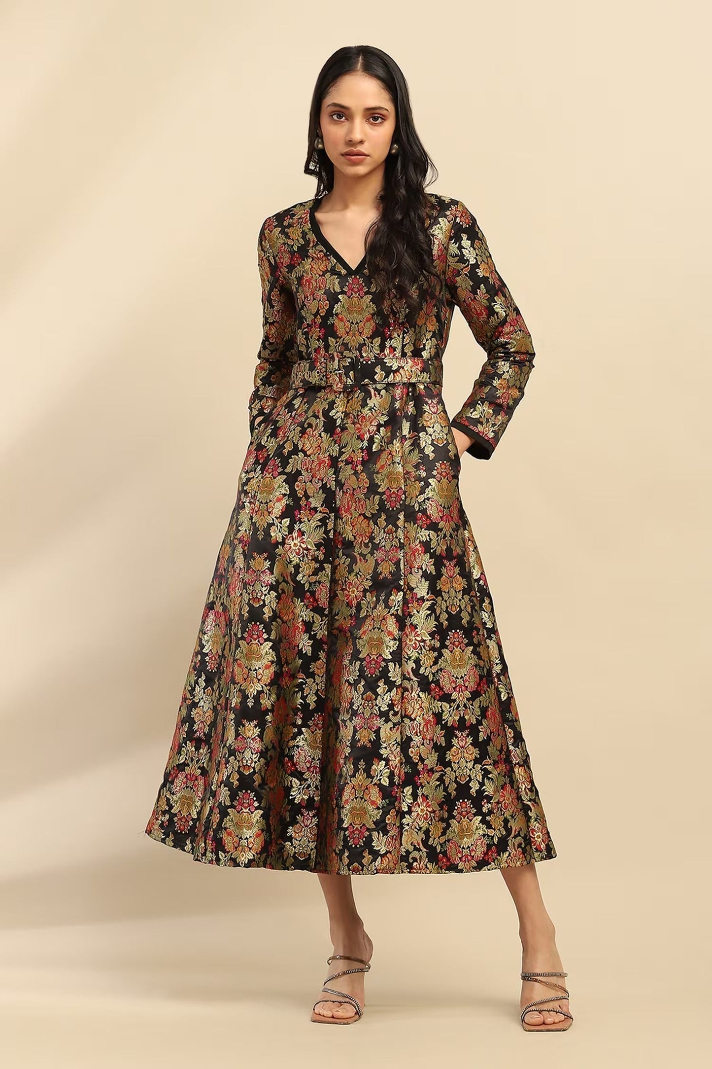Black Poly Brocade Floral V Neck Motif Midi Dress
