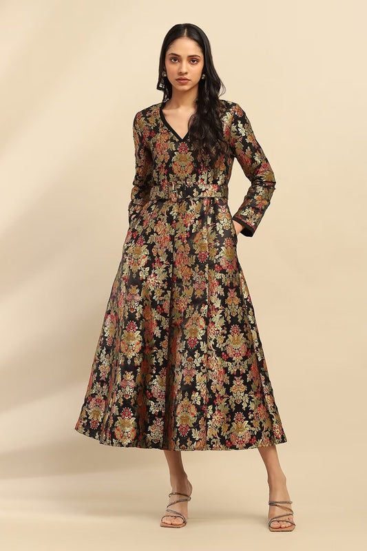 Black Poly Brocade Floral V Neck Motif Midi Dress