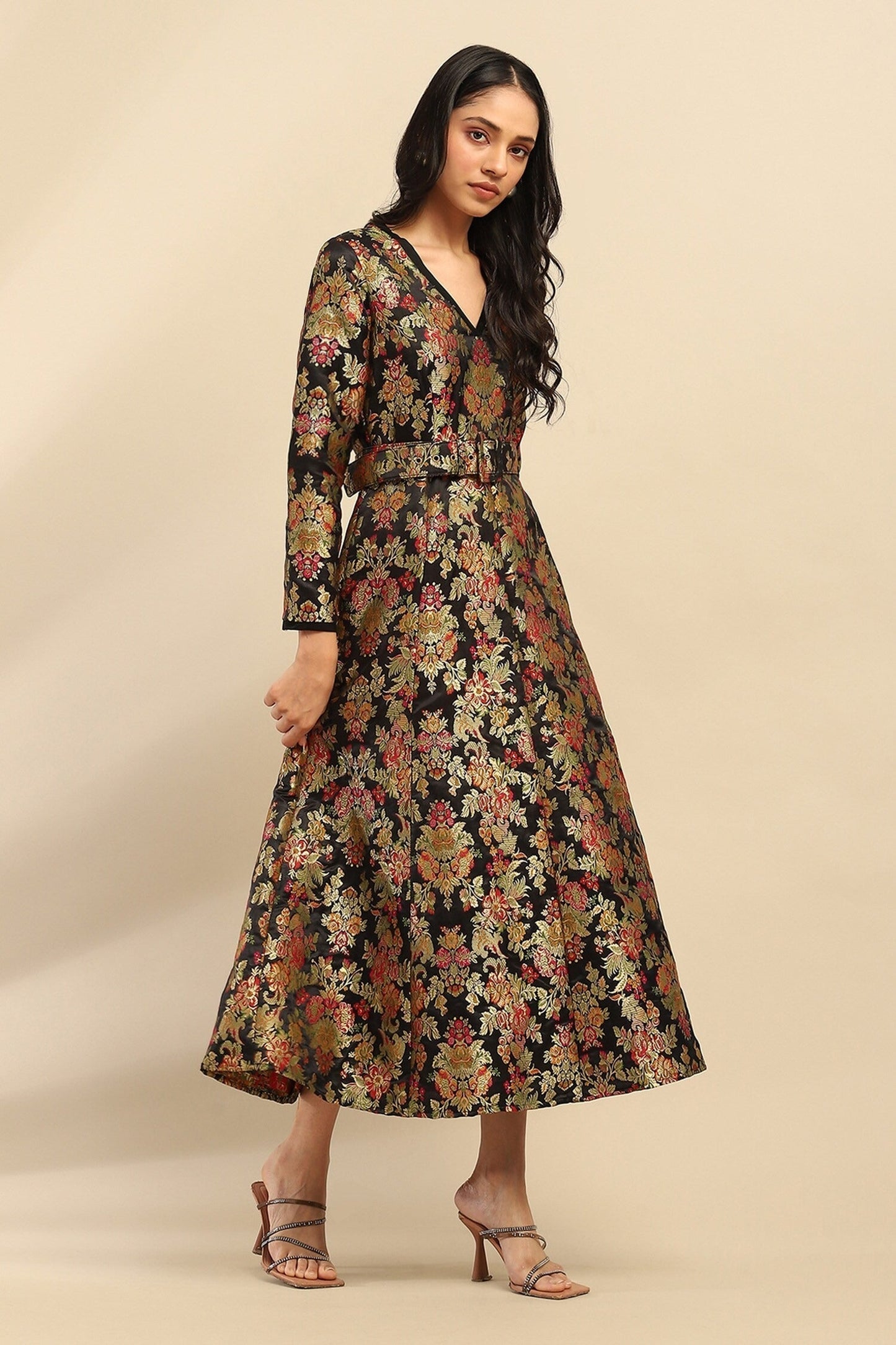 Black Poly Brocade Floral V Neck Motif Midi Dress