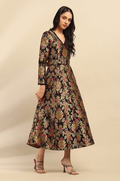 Black Poly Brocade Floral V Neck Motif Midi Dress