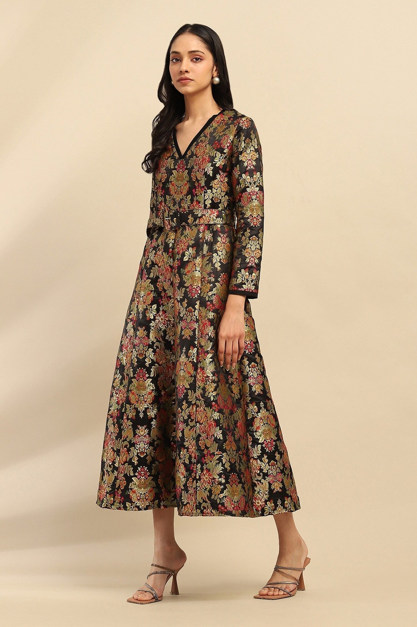Black Poly Brocade Floral V Neck Motif Midi Dress