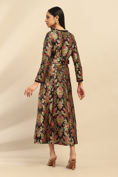 Black Poly Brocade Floral V Neck Motif Midi Dress