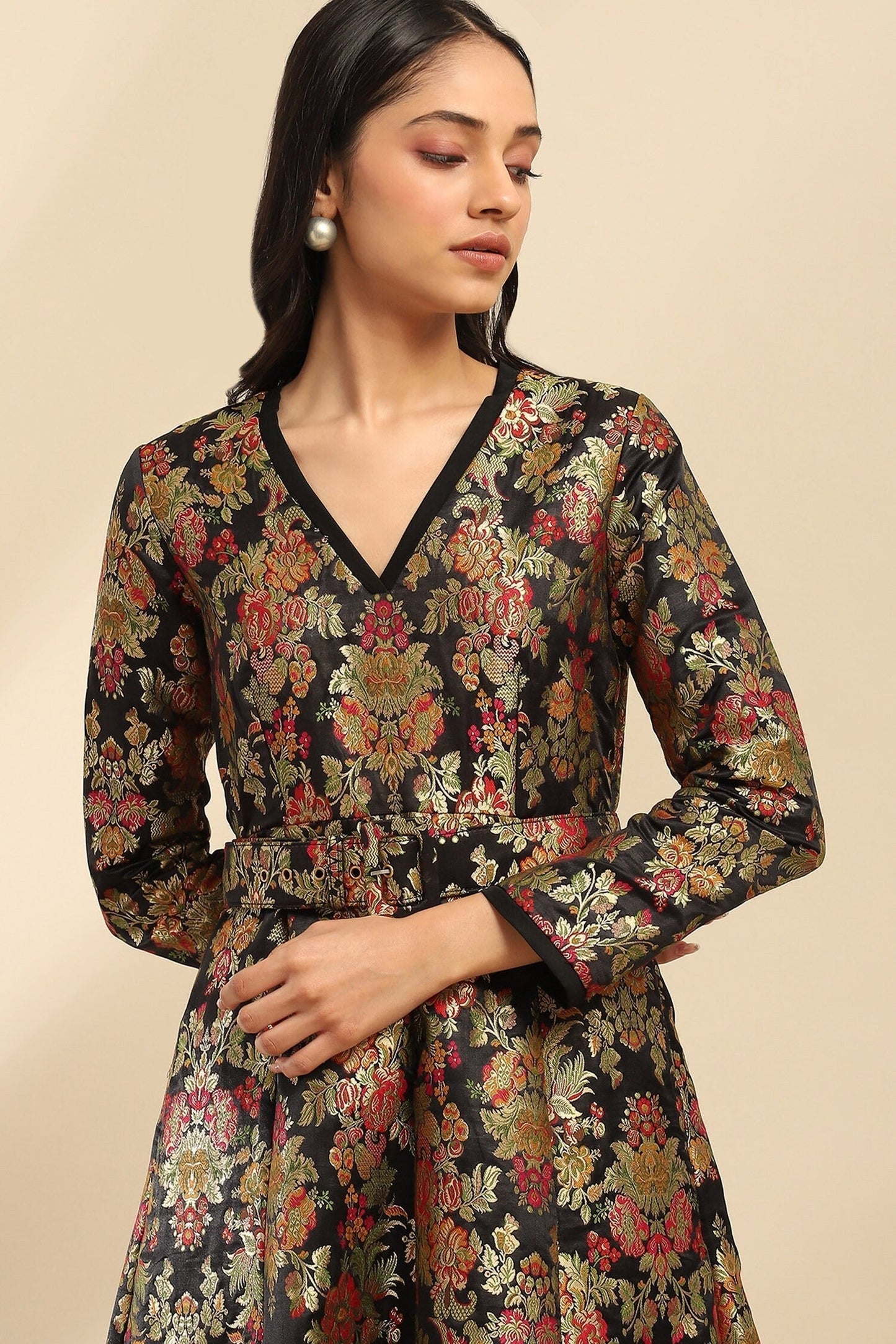 Black Poly Brocade Floral V Neck Motif Midi Dress