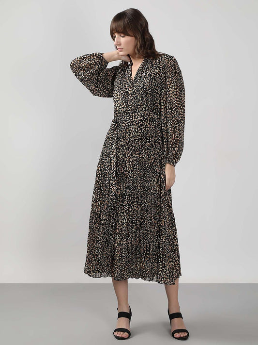 Black Printed Midi Dress with Belt