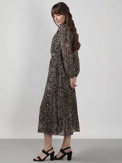 Black Printed Midi Dress with Belt