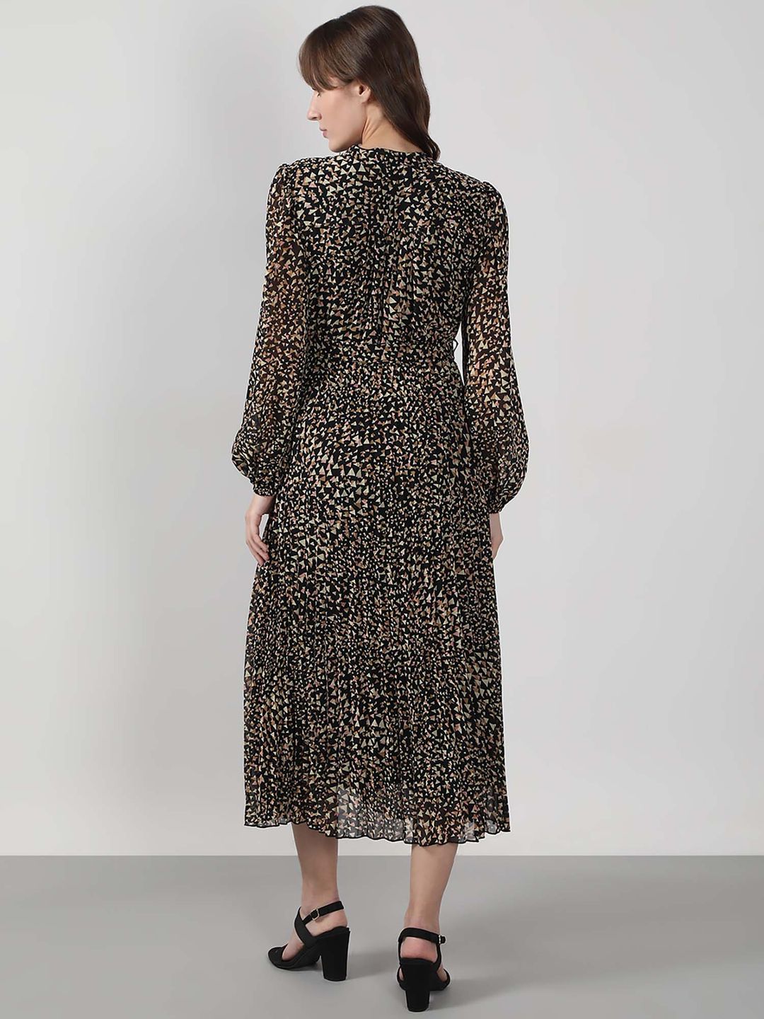 Black Printed Midi Dress with Belt