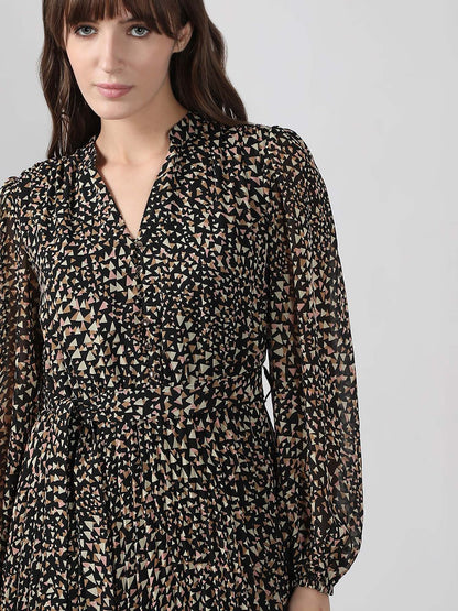 Black Printed Midi Dress with Belt