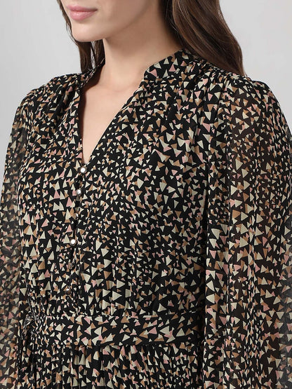 Black Printed Midi Dress with Belt