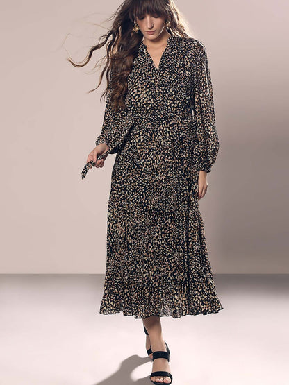 Black Printed Midi Dress with Belt