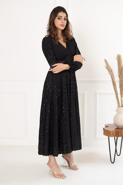 Black Rayon Hand Embroidered Sequin V Neck Detailed Dress