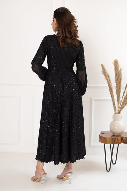Black Rayon Hand Embroidered Sequin V Neck Detailed Dress