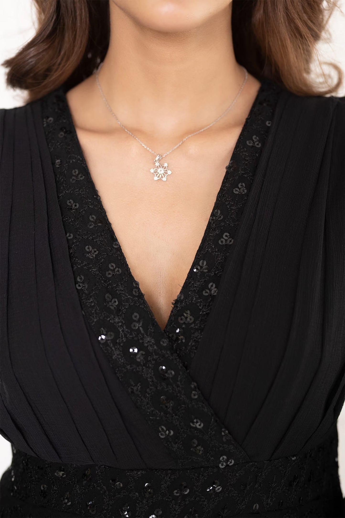 Black Rayon Hand Embroidered Sequin V Neck Detailed Dress