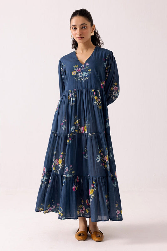 Blue Cotton V-neck Floral Pattern Tiered Dress