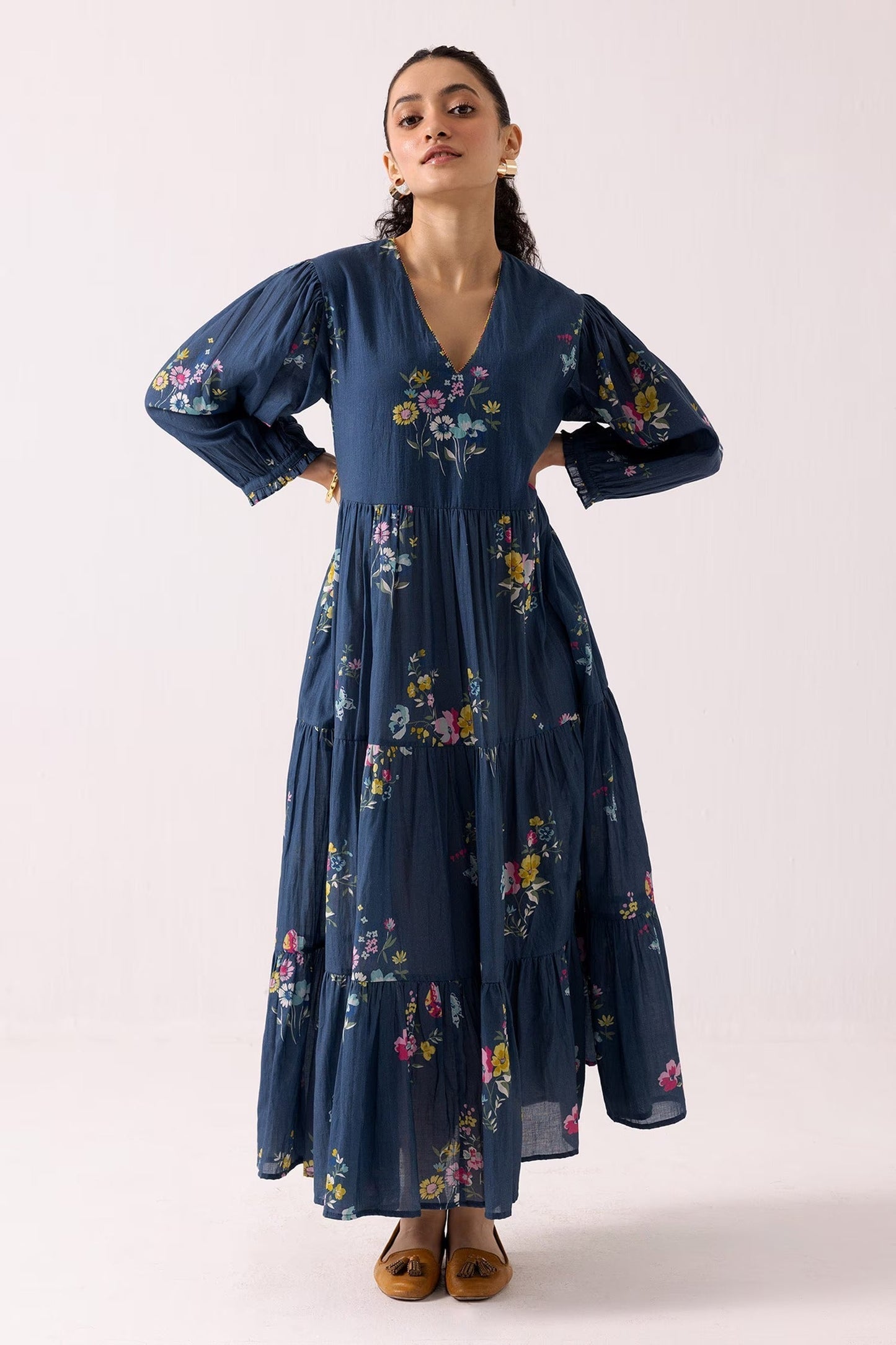 Blue Cotton V-neck Floral Pattern Tiered Dress