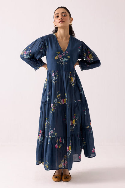 Blue Cotton V-neck Floral Pattern Tiered Dress
