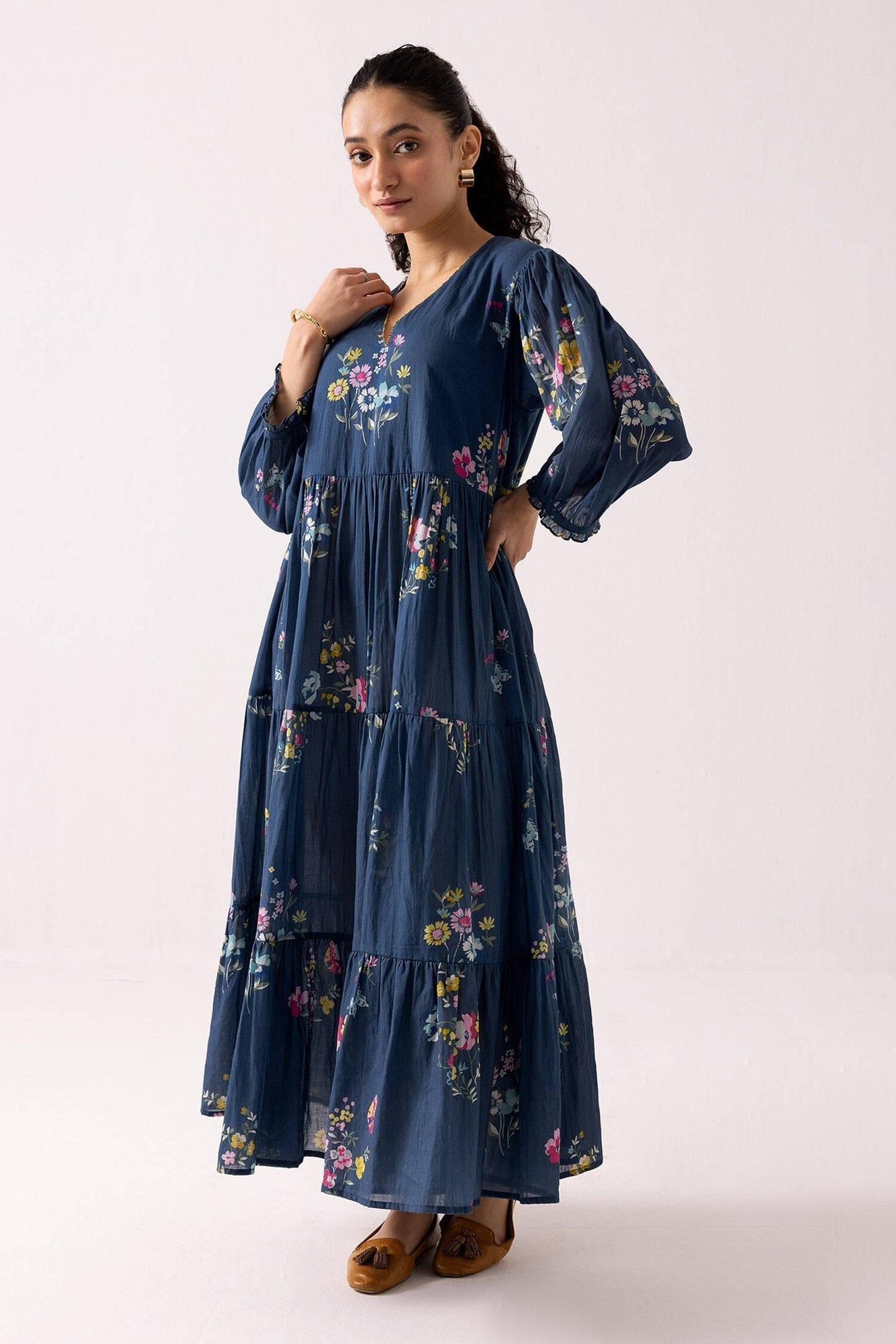 Blue Cotton V-neck Floral Pattern Tiered Dress