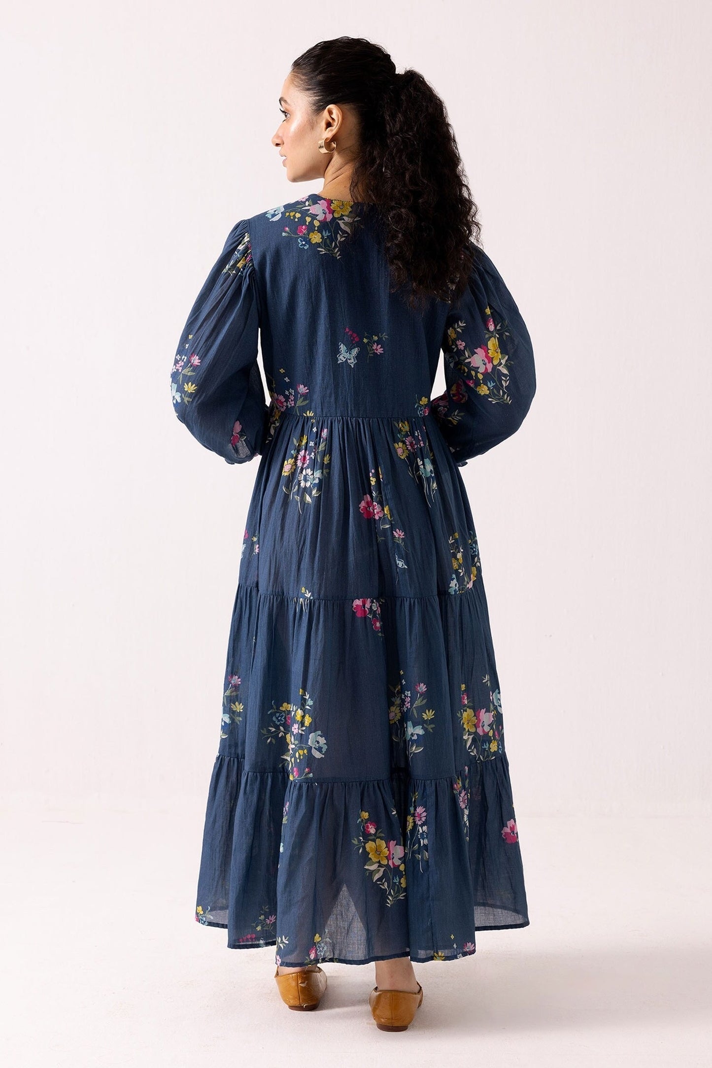 Blue Cotton V-neck Floral Pattern Tiered Dress