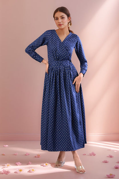 Blue Embroidery V-neck Butti Flex Cotton Midi Dress