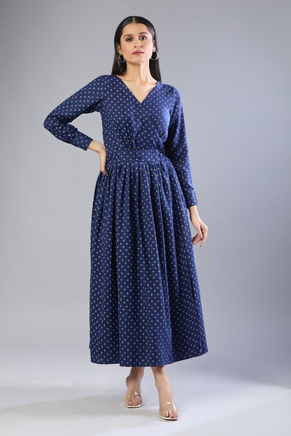 Blue Embroidery V-neck Butti Flex Cotton Midi Dress