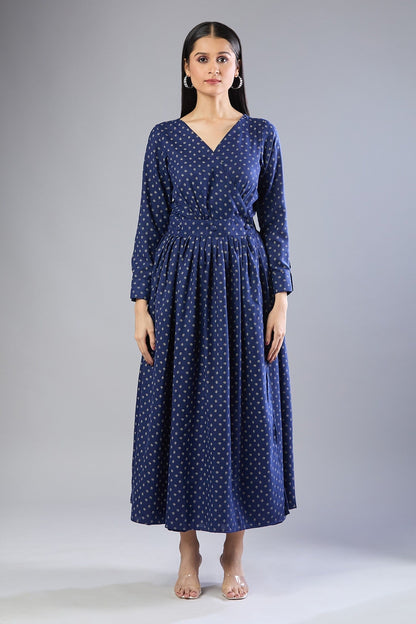 Blue Embroidery V-neck Butti Flex Cotton Midi Dress