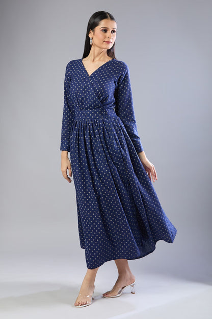 Blue Embroidery V-neck Butti Flex Cotton Midi Dress