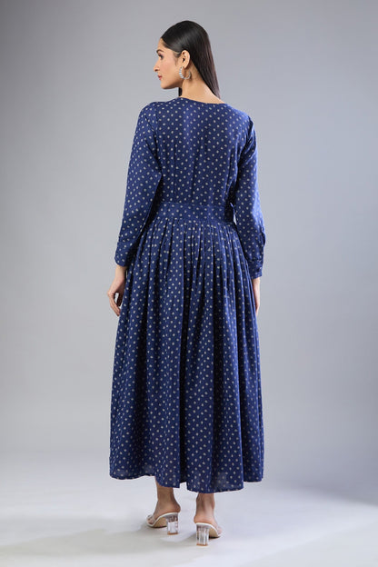Blue Embroidery V-neck Butti Flex Cotton Midi Dress