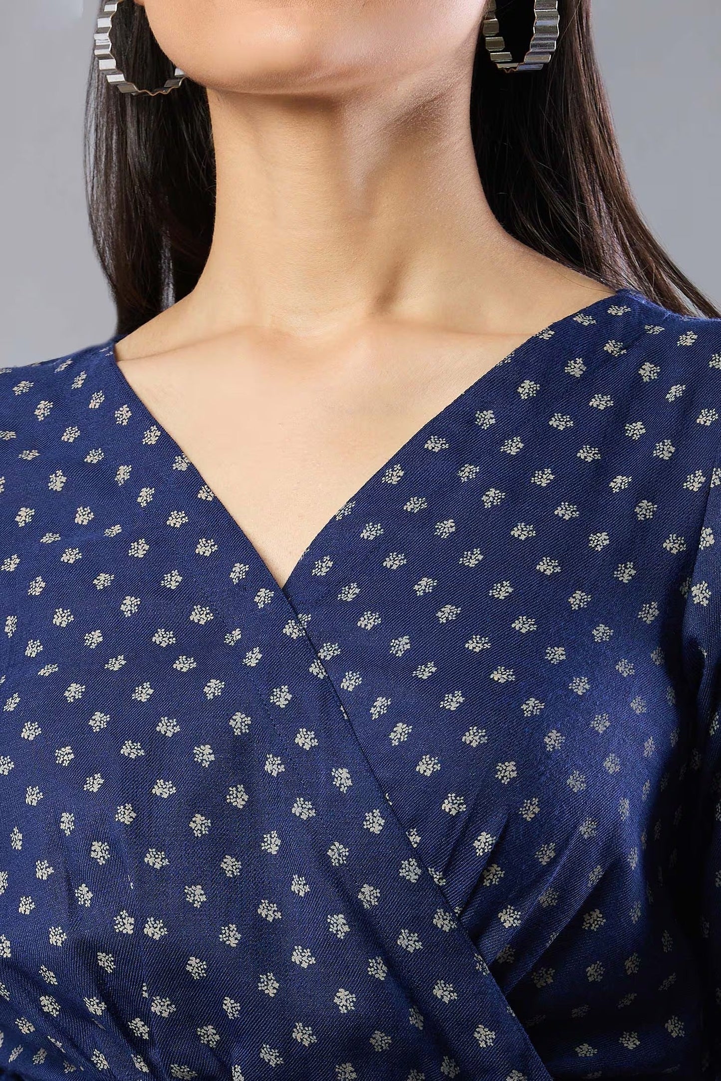 Blue Embroidery V-neck Butti Flex Cotton Midi Dress