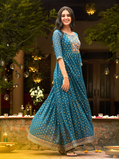 Blue Full Length Tiered Dress Embellished with Sequins